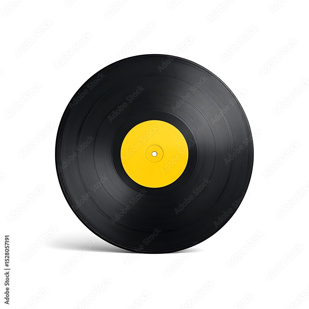 Obraz premium Black vinyl record with yellow label isolated on white background