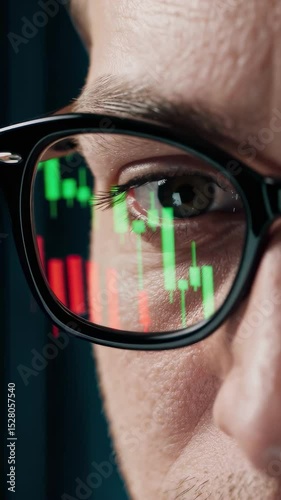 Closeup of a man wearing glasses with stock chart reflections, focusing intently on financial markets – investment, analysis, and trading concept