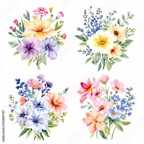Watercolor botanical illustration showcasing diverse flowers and foliage art
