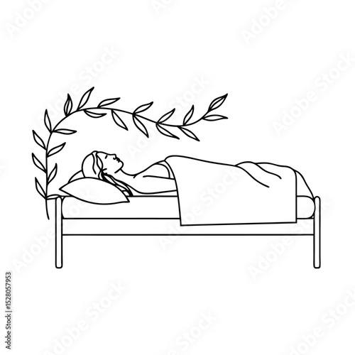 Illustration of a woman lying in bed with a branch overlay for relaxation and sleep