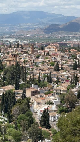 Aerial view of Granada, Albaicin and Sacromonte neighbourhood, Spain, Andalusia