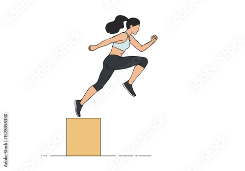 A dynamic female athlete leaps over a box, showcasing fitness and energy. Modern, graphic illustration style. Ideal for health and wellness campaigns.