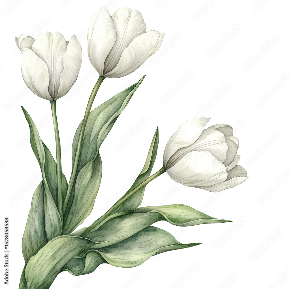 Fototapeta premium tulip flower,white tulip flower watercolor illustration painting drawing 
