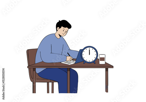A young man diligently plans his night at a desk, illuminated by a clock and laptop. A cozy, focused atmosphere suggests productivity and personal time. Illustration style.