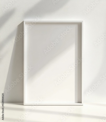 Empty white picture frame against a white wall, bathed in sunlight