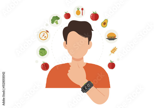A young man contemplates a healthy meal, considering options like fruits, vegetables, and a burger. He wears a smartwatch, suggesting mindful eating and wellness. Clean, modern illustration.
