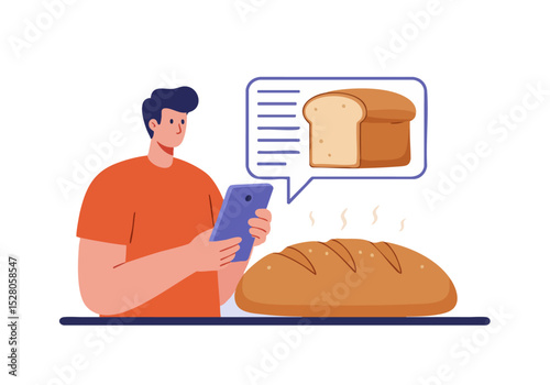 A man contemplates a loaf of bread while reviewing a digital bread plan on a tablet. Modern illustration, soft colors, and a focus on food and technology.