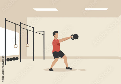 A man performs a kettlebell swing in a modern gym setting. The image showcases strength training and a clean, minimalist aesthetic. Ideal for fitness and health content.