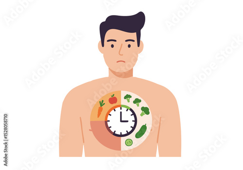 A man?s torso displays a veggie plan with food icons and a clock, illustrating healthy eating habits. Modern, flat illustration style.