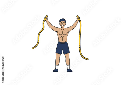 A muscular man confidently holds a rope, showcasing strength and achievement. Bold colors and dynamic pose create a visually impactful image for success themes.