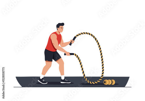 A muscular man performs a focus slam with a rope, showcasing strength and dedication. Dynamic composition, vibrant colors, and a modern fitness style.