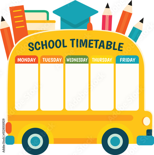 School timetable design featuring colorful bus with sections for each weekday. bus is adorned with school supplies like pencils and books