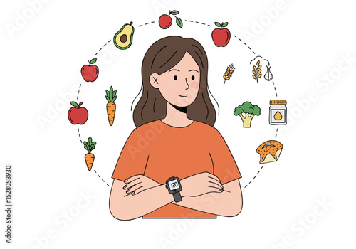 A stylish woman contemplates a healthy meal surrounded by fresh produce and wellness items. Modern illustration, vibrant colors, and a focus on well-being. Ideal for health & fitness content.