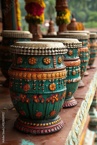 Traditional Drummers Performing with Colorful Drums