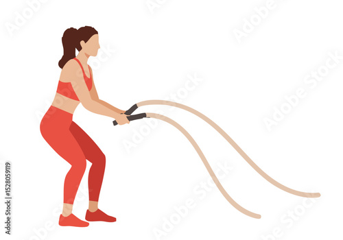 A woman performs an alternate fit exercise, pulling a thick rope with dynamic movement.  Clean, modern illustration style.  Focus on strength and fitness.