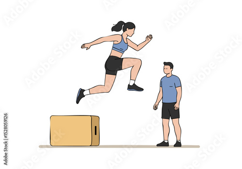 A woman performs a trainer jump over a box with a trainer observing. Dynamic action shot, modern illustration style. Great for fitness and training concepts.