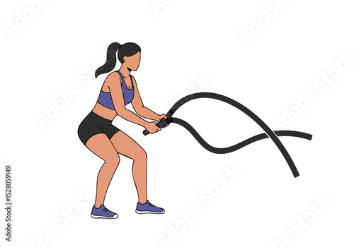 A woman performs an intense rope workout, demonstrating strength and fitness. Dynamic pose, clear composition, suitable for health and fitness content.