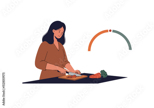 A woman prepares food, focused and calm. A progress bar indicates readiness. Warm tones and a clean kitchen setting create a peaceful, productive mood.