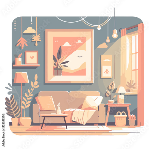 Framed artwork in a cozy living room with warm lighting and stylish decor