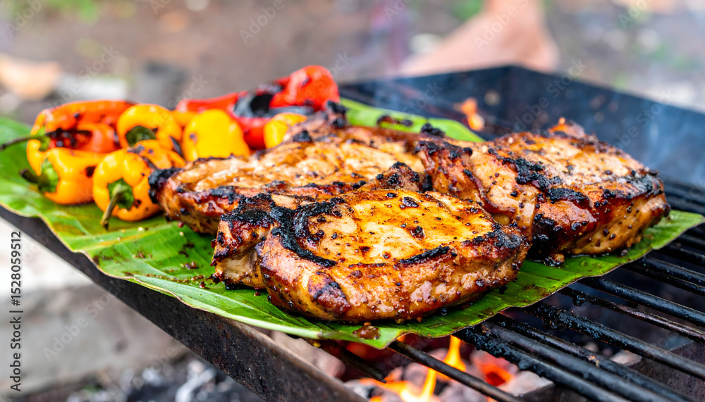 Traditional cuisine with grilled meat and local vegetables on banana leaf over open flame food meat grill bar-b-q skewer Traditional cuisine with grilled meat and local vegetables on banana leaf over open flame food meat grill bar-b-q skewer