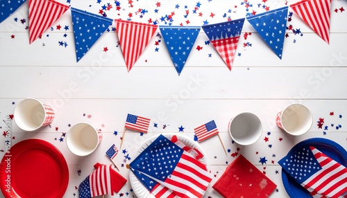 American bunting concept. Festive table setting with patriotic decorations and tableware.