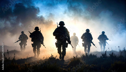 Silhouetted soldiers walking through smoky battlefield with dramatic lighting and firefly effect, creating symmetrical and intense war scene at dusk