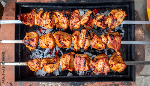 Traditional cuisine grilled meat skewers over local charcoal fire evoke joyful gathering food meat grill bar-b-q skewer