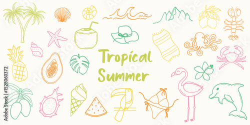 Tropical summer doodle elements. Hand drawn lemons, seafood, lobster, shell, beach accessories Illustrations for greeting cards, invitations, wrapping 
paper and packaging designs.
