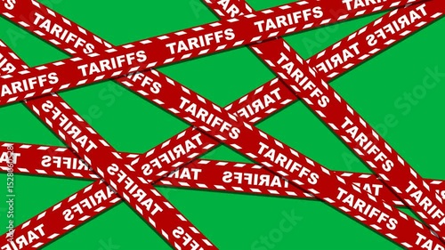 animated red tape with tariffs text moving across the screen, policy on import and export tariffs concept. animation footage isolated on green background with alpha channel(transparent).