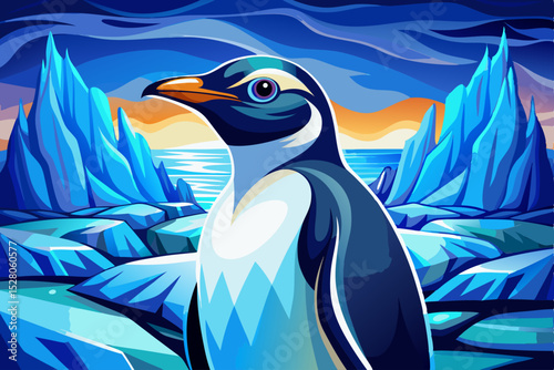 Vector illustration of penguin standing on an icy glacier