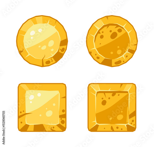 Gold game buttons. Cartoon gravel rock plates, gambling buttons, golden rock stones signs flat vector illustration set. Stone buttons on white