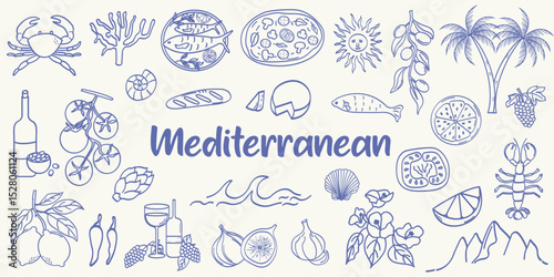 Hand drawn Mediterranean elements. Doodle food, sea, and nature illustration for greeting cards, invitations, wrapping paper and packaging designs.