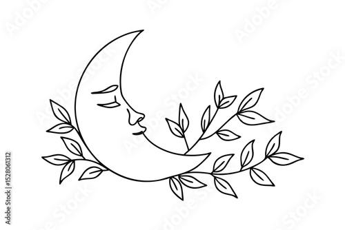 Elegant crescent moon design with botanical elements in minimalist black and white style