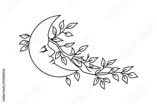 Celestial moon face embellished with leaves in minimalist black and white design