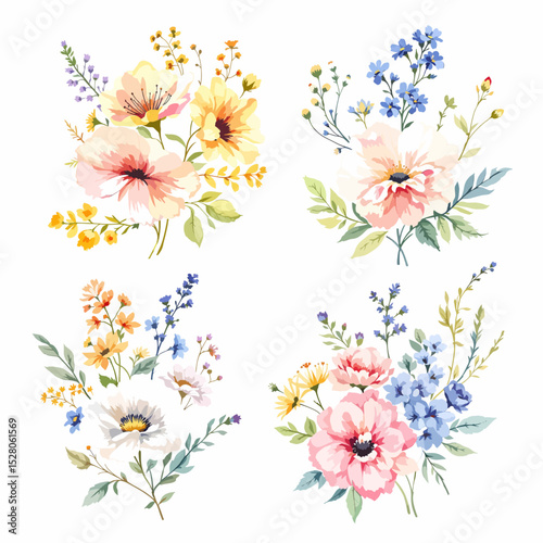 Wild flowers set, watercolor digital illustration.