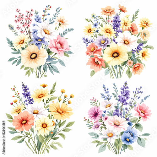Wild flowers set, watercolor digital illustration.