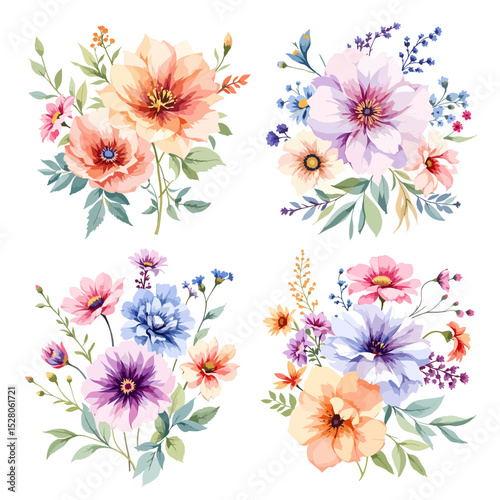 Wild flowers set, watercolor digital illustration.