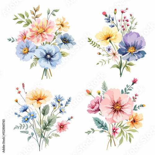Wild flowers set, watercolor digital illustration.