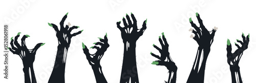 Zombie arms. Halloween bony hands silhouettes, horror scrawny zombie monsters hands flat vector illustration set. Spooky living dead creepy hands