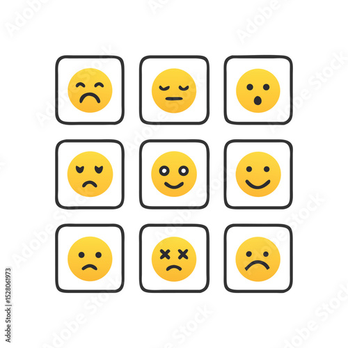 A vibrant vector set of yellow emoticons showcasing a range of expressions from happy smiles to sad and angry faces