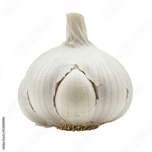 Single garlic bulb with papery skin and a textured stem closeup