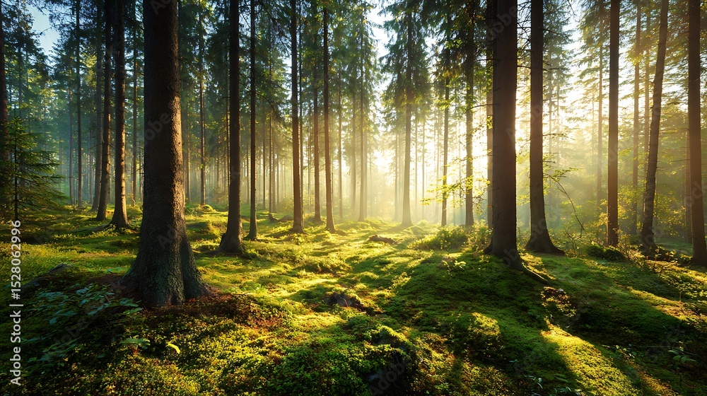 Obraz premium Sunlit Forest Path: Magical Sunrise in Lush Woodland