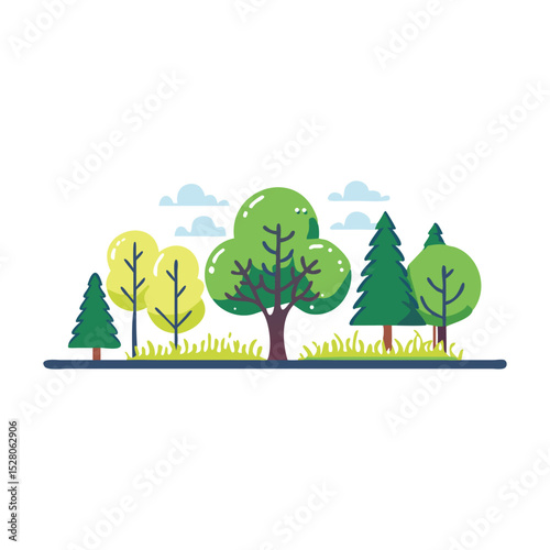Colorful vector illustration of a summer landscape with a tree and birds, green grass, and a blue sky with clouds and sun
