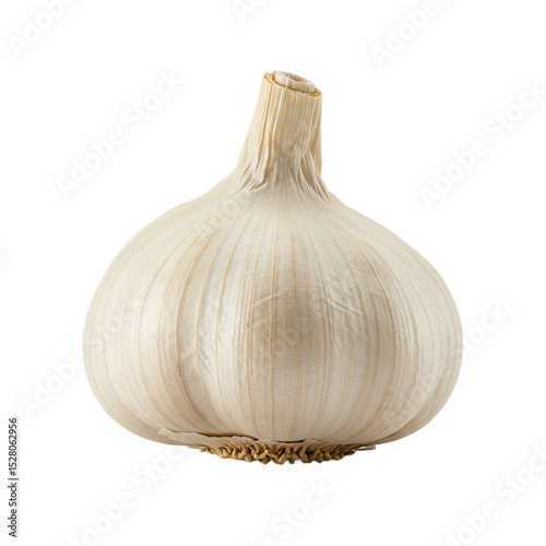 Single bulb of garlic with papery skin and dried root remnants