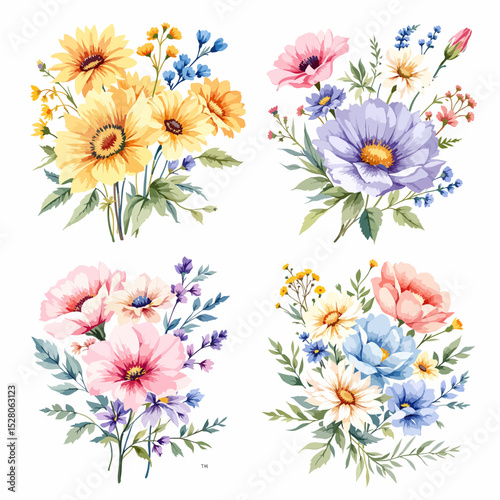 Flowers and leaves set, floral watercolor illustration for greeting card, invitation and other printing design. Isolated on white. Hand drawing.