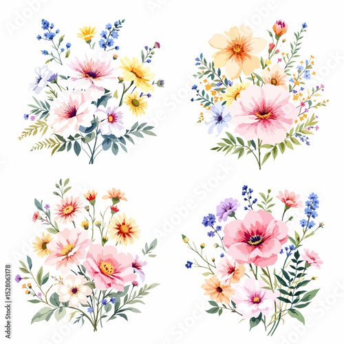 Flowers and leaves digital illustration, spring design, watercolor hand painting. Perfectly for printing, sublimation.