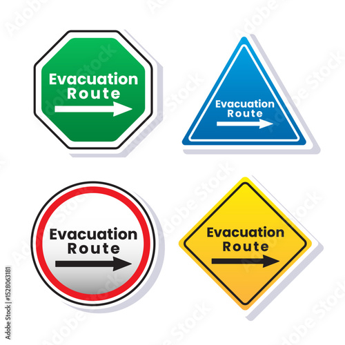 Evacuation route sign for emergency exit in the building, outdoors and others isolated on white background