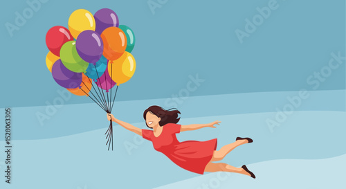Woman Soaring Through Air with Colorful Balloons A Dreamlike Illustration