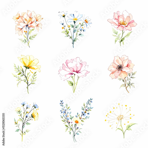 Flowers and leaves digital illustration, spring design, watercolor hand painting. Perfectly for printing, sublimation.