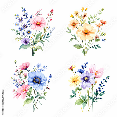Flowers and leaves set, floral watercolor illustration for greeting card, invitation and other printing design. Isolated on white. Hand drawing.